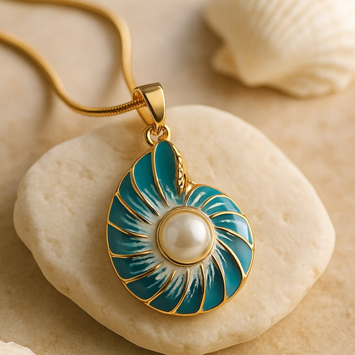 Seashell pearl pendant necklace styled on a mannequin neck form
