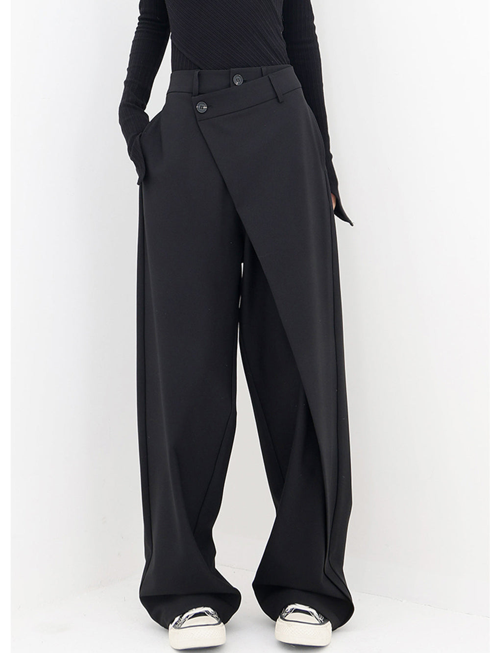 Asymmetrical Layer Button Wide Leg Dress Pants — women's pants, back view