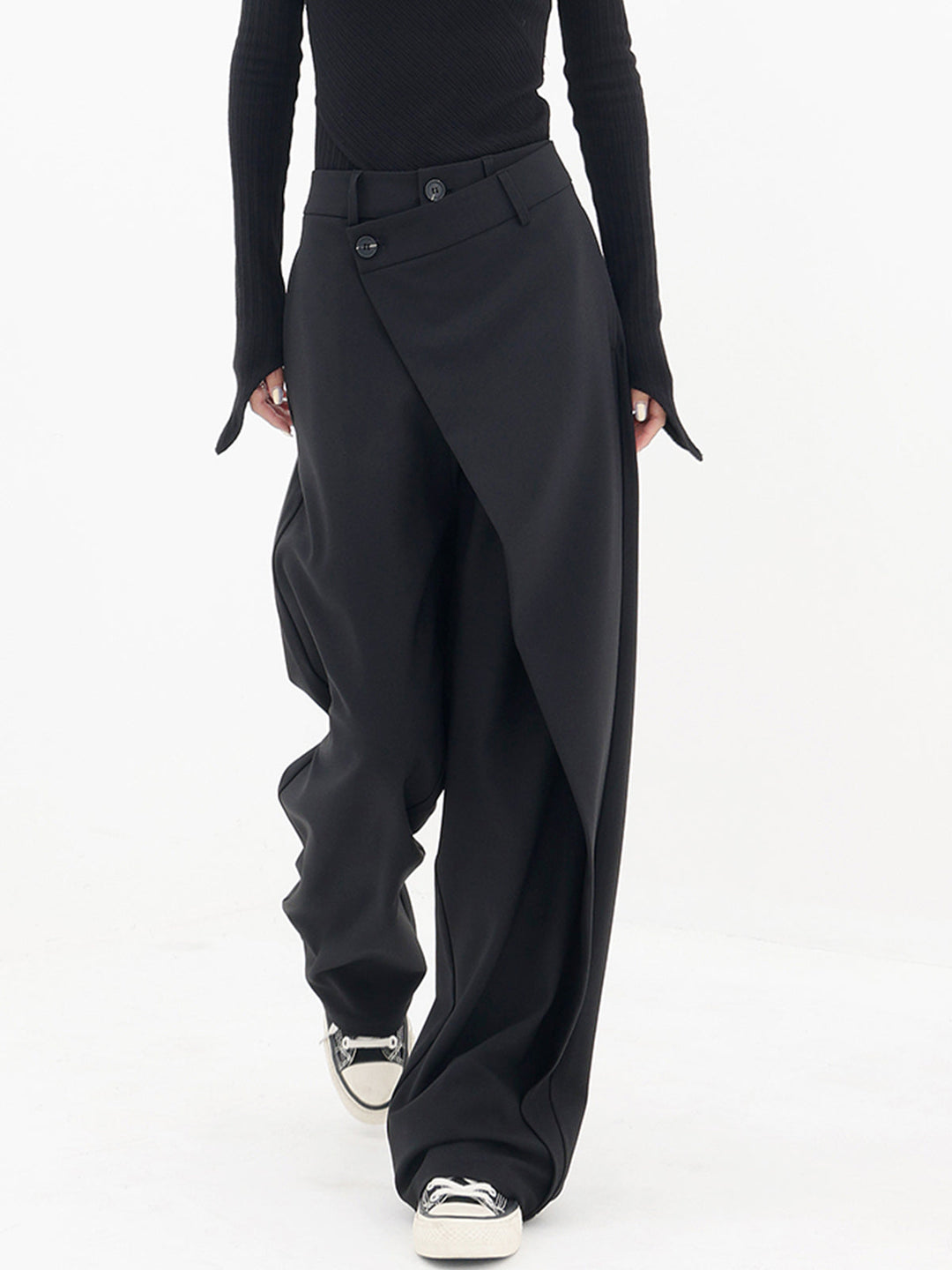 Asymmetrical Layer Button Wide Leg Dress Pants — women's pants, front view