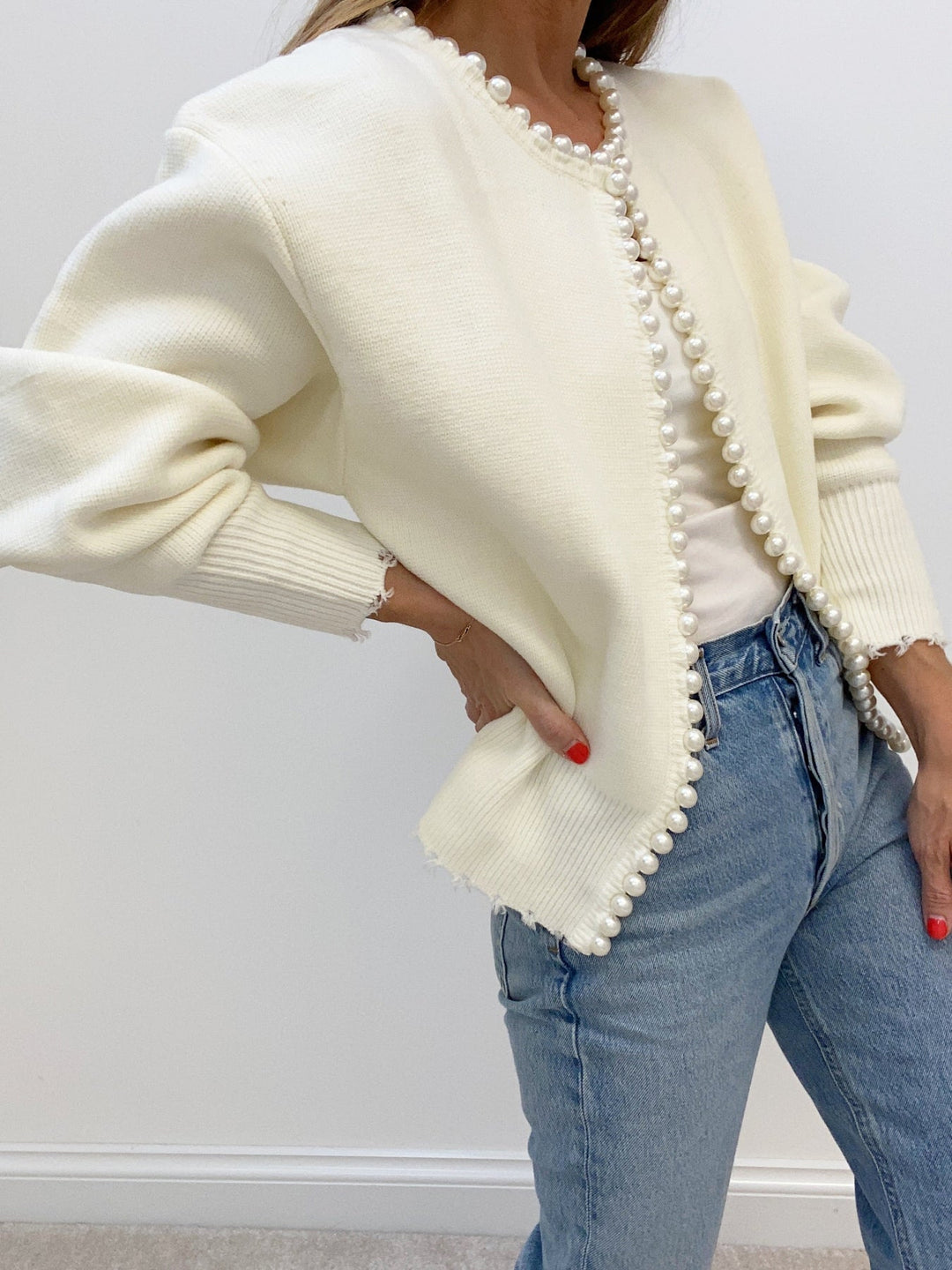 Pearl Trim Ripped Hem Cardigan - women's cardigan, side view