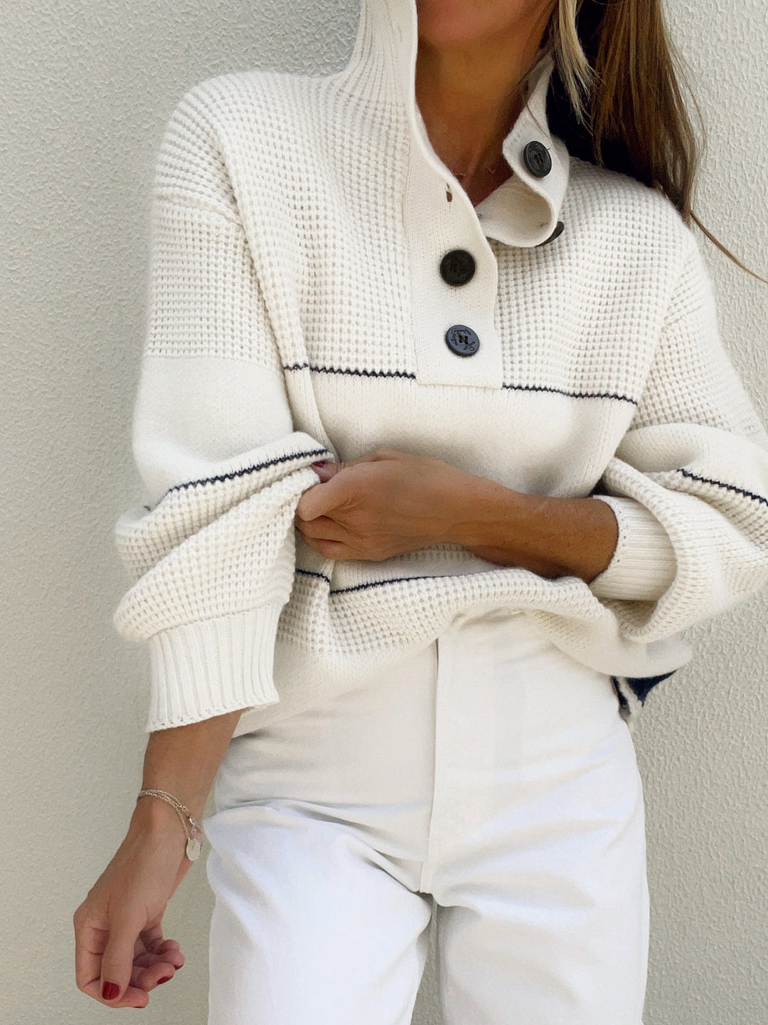 Open Collar Button Up Sweater - women's sweater, side view