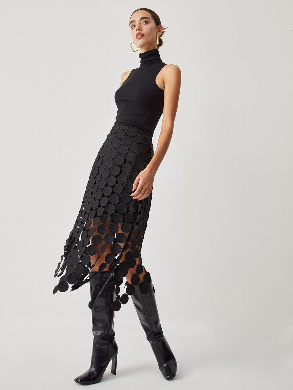 Laser Cut Multi Circle Double Layered Skirt — women's skirts, back view