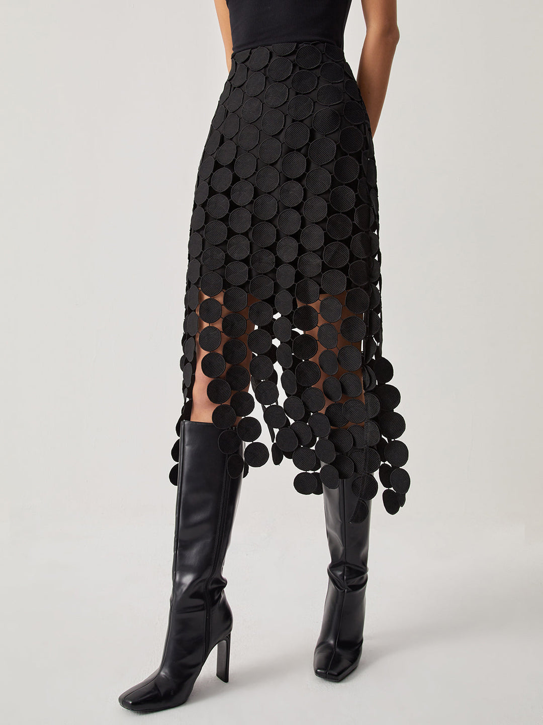 Laser Cut Multi Circle Double Layered Skirt — women's skirts, front view