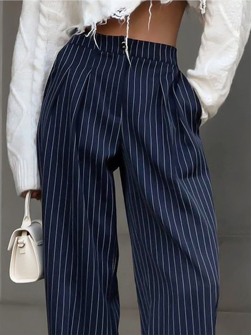 Pinstripe Pleated Wide-Leg Pants — women's pants, back view