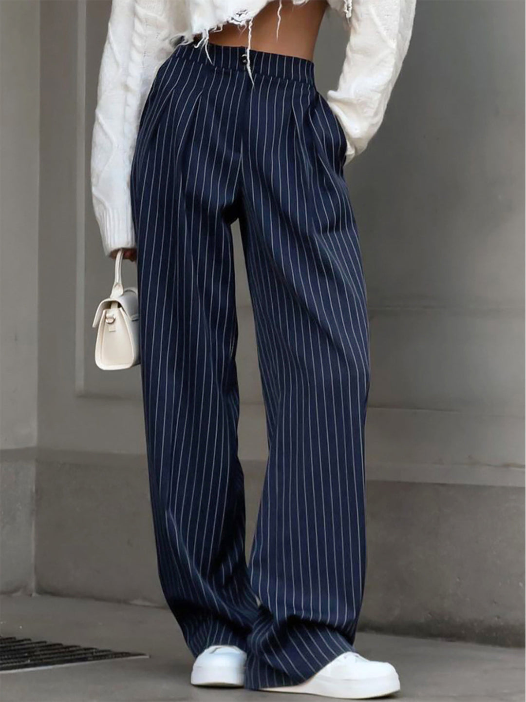 Pinstripe Pleated Wide-Leg Pants — women's pants, front view