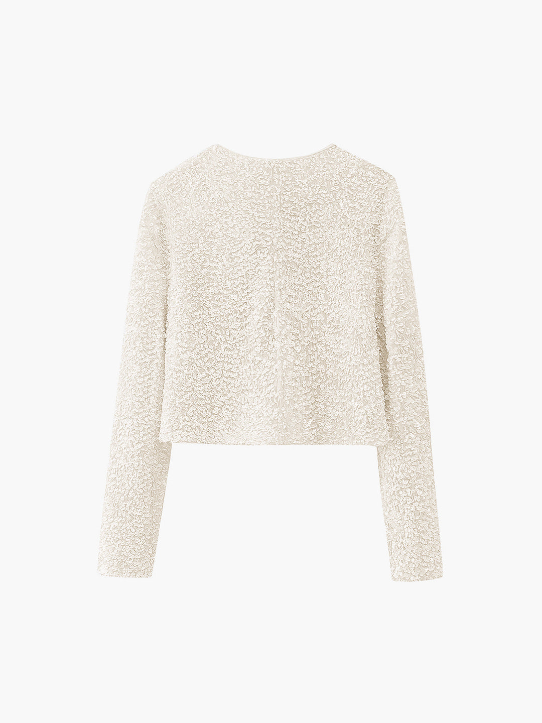 Back view of the cream sequined cropped jacket with round neckline, flat shot