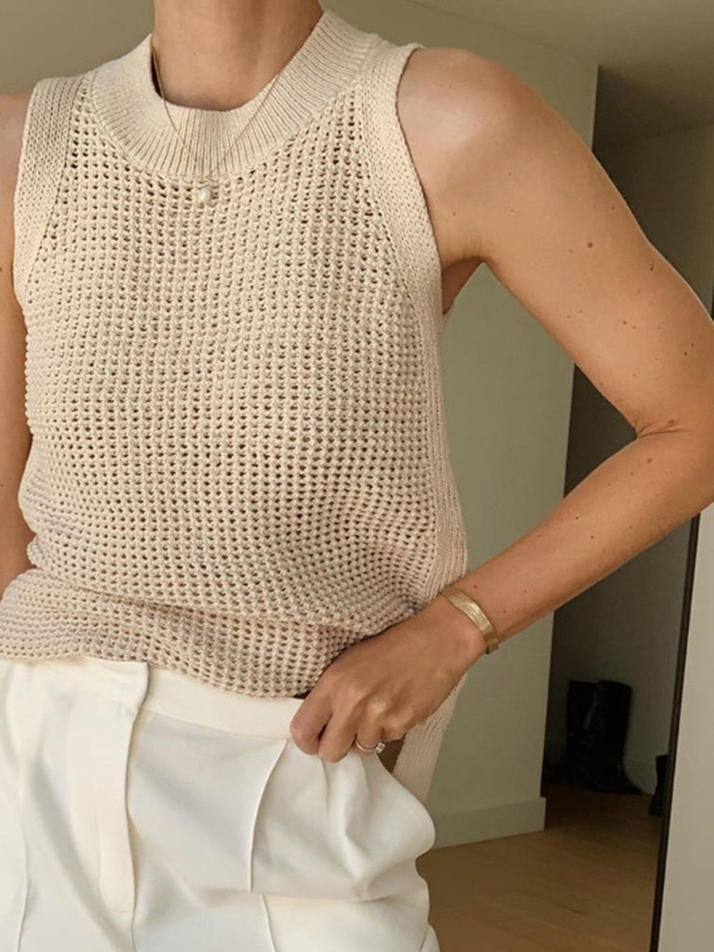 Knit Hollow Solid Tank Top — women's tank tops & camis, back view