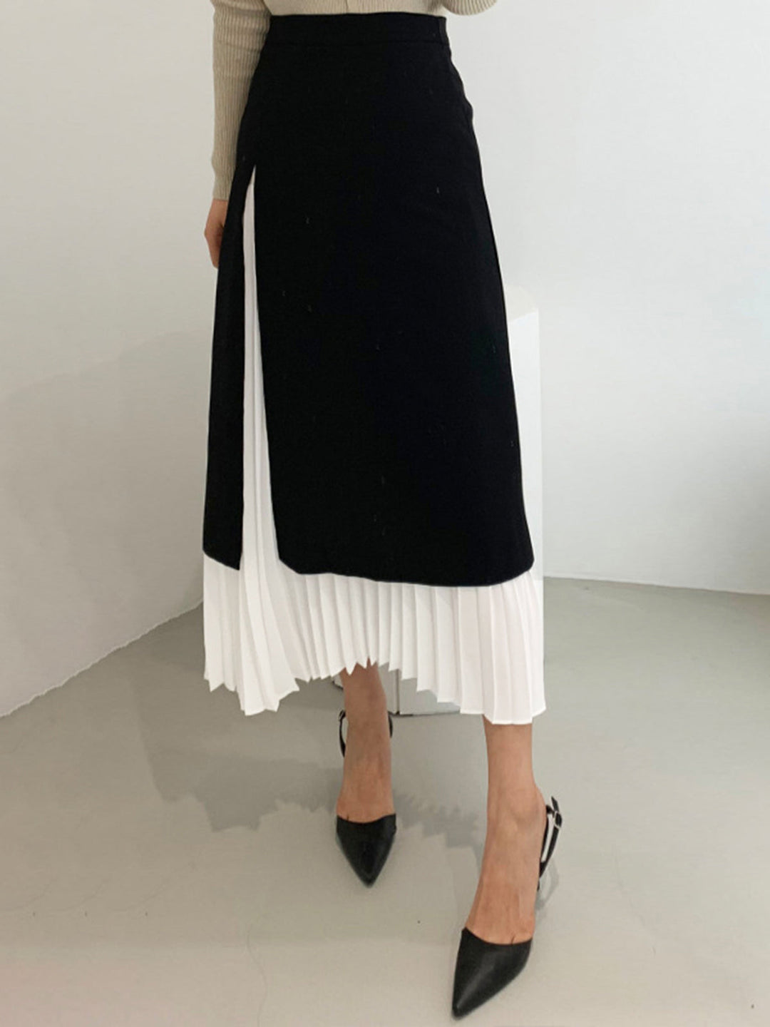 Two Tone Pleated Long Skirt — women's skirts, front view