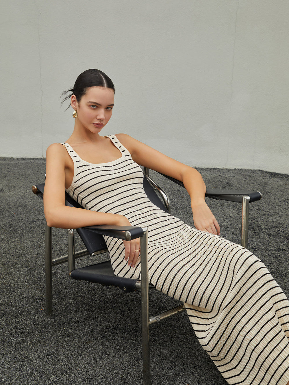 Old Money Aesthetics Stripe Long Knit Dress — women's sweater dresses, back view