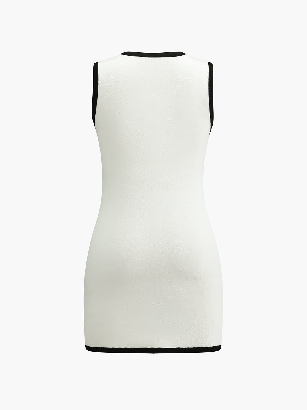 Back view of the white sleeveless knit mini dress with black binding at neckline and hem