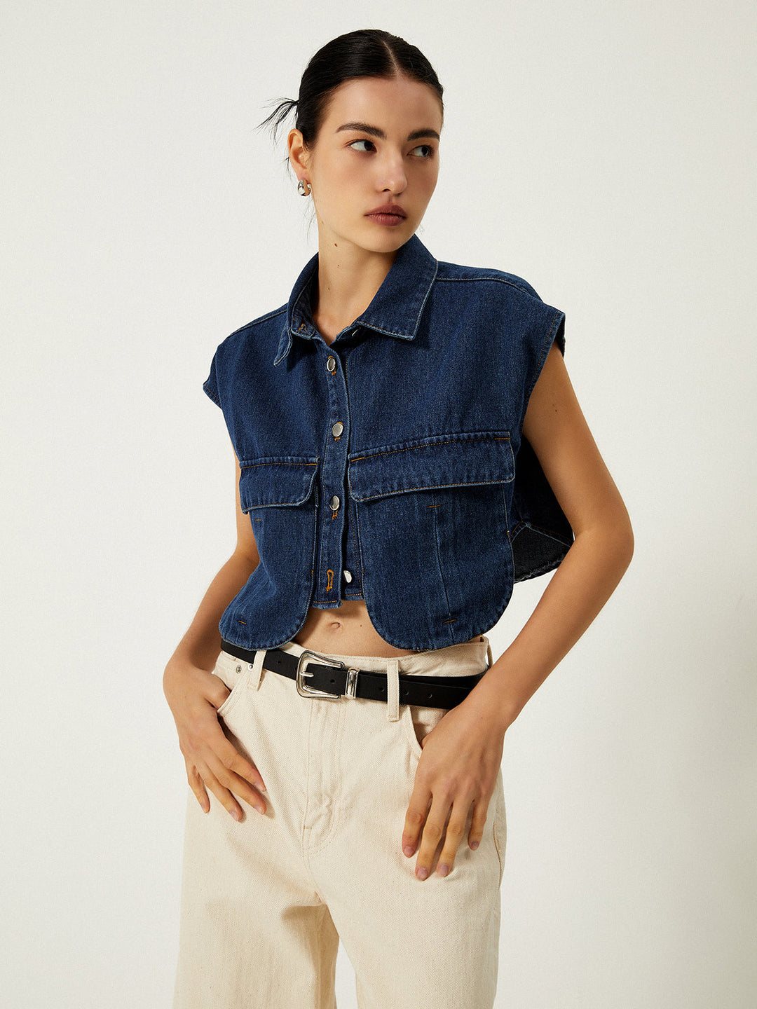 Denim Pockets Turn Down Collar Vest — women's vests, front view