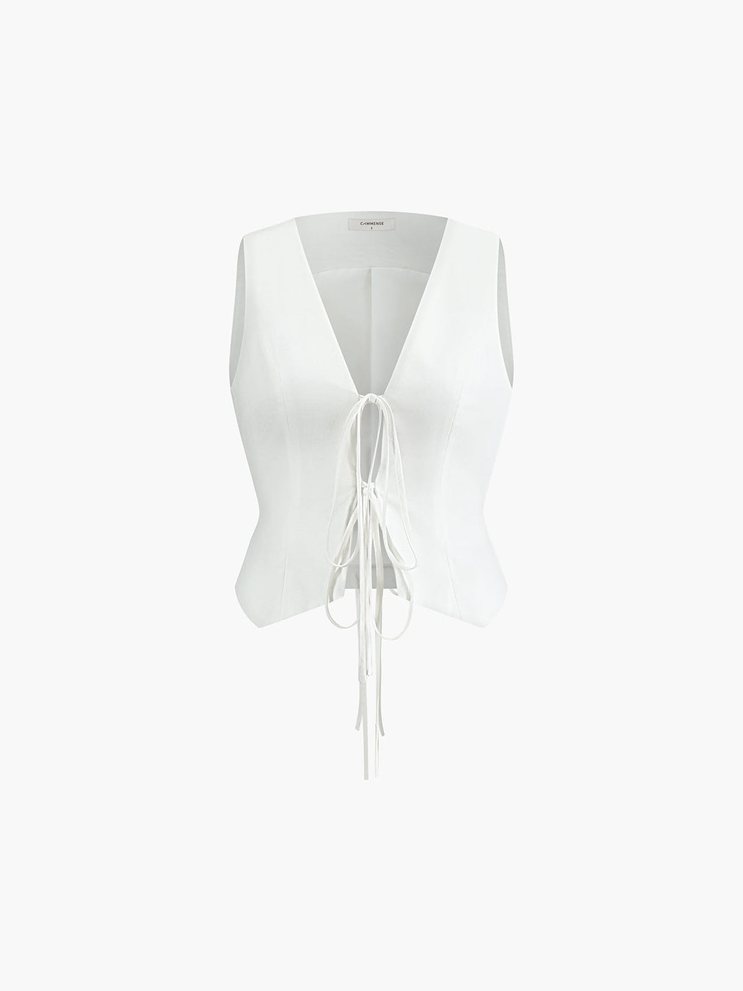 White cotton linen tie detail vest shown flat from the front with long self-tie ribbons