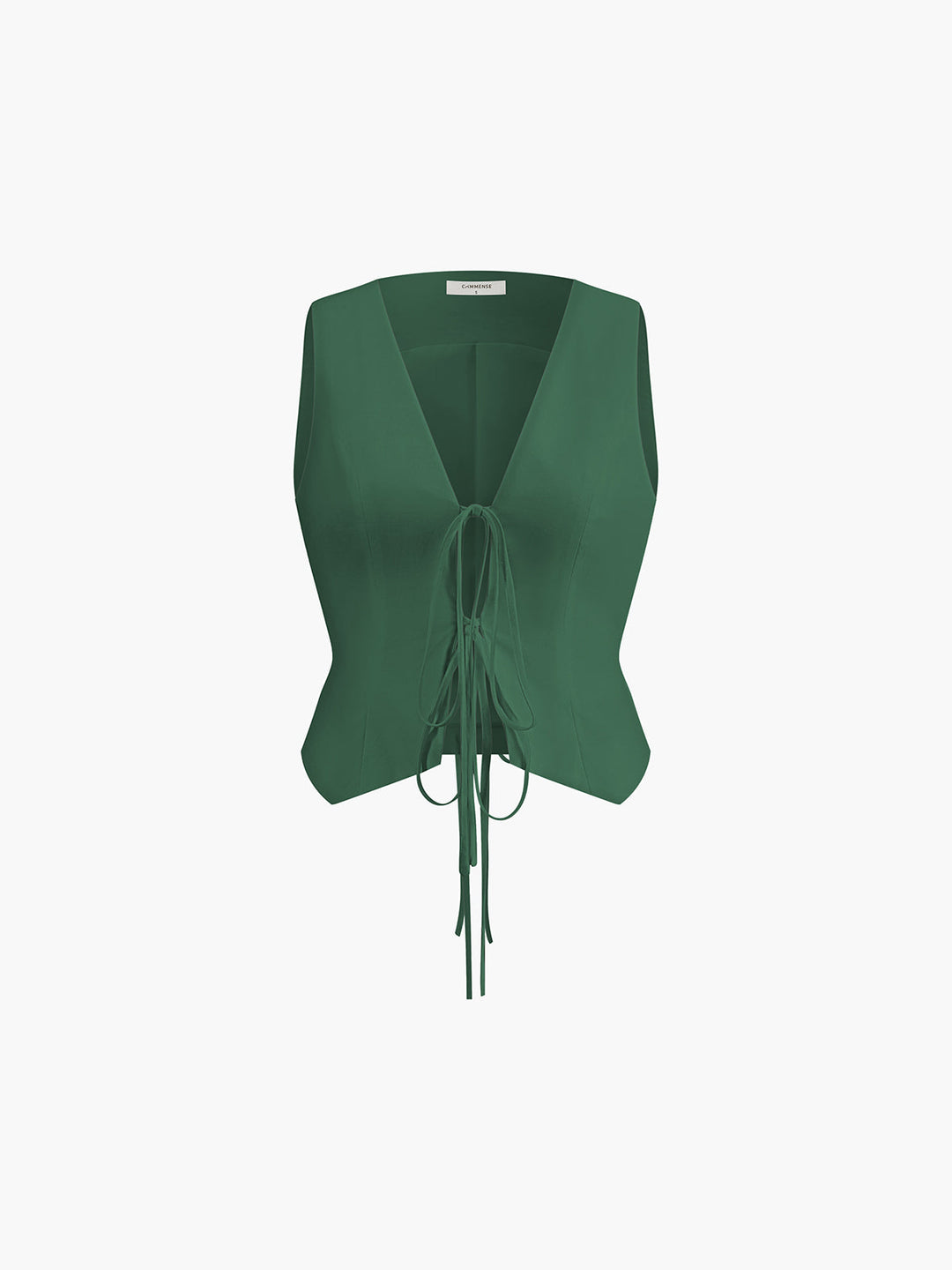 Green cotton linen tie front vest flat lay front view with V-neckline