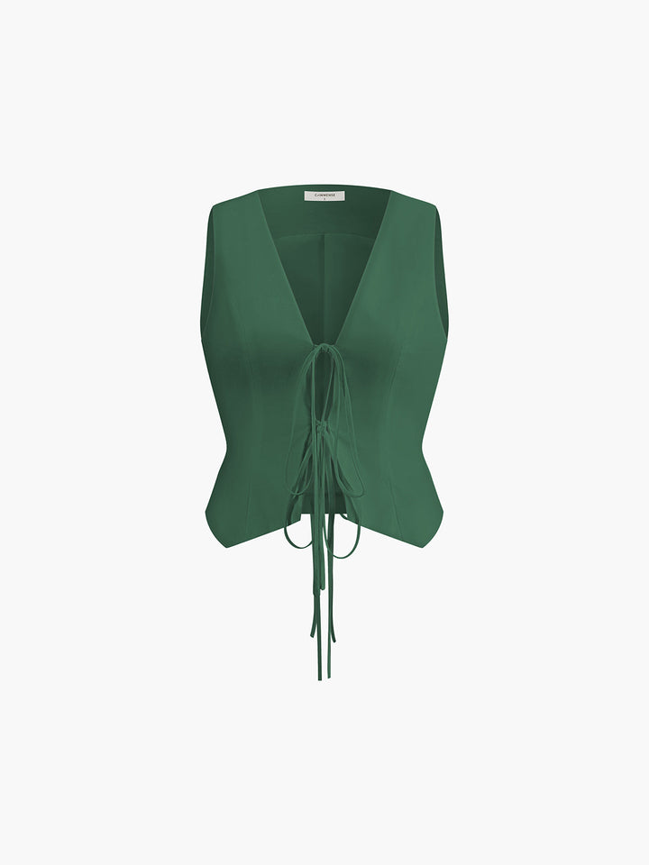 Green cotton linen tie front vest flat lay front view with V-neckline