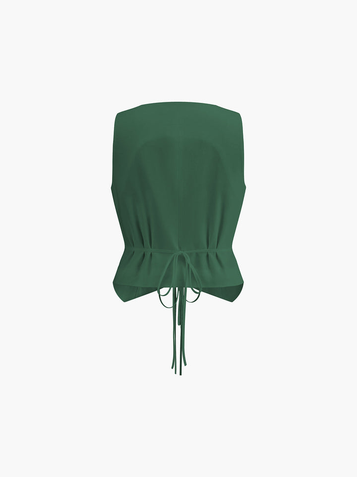 Green linen blend vest back view showing ruched peplum hem and tie closure