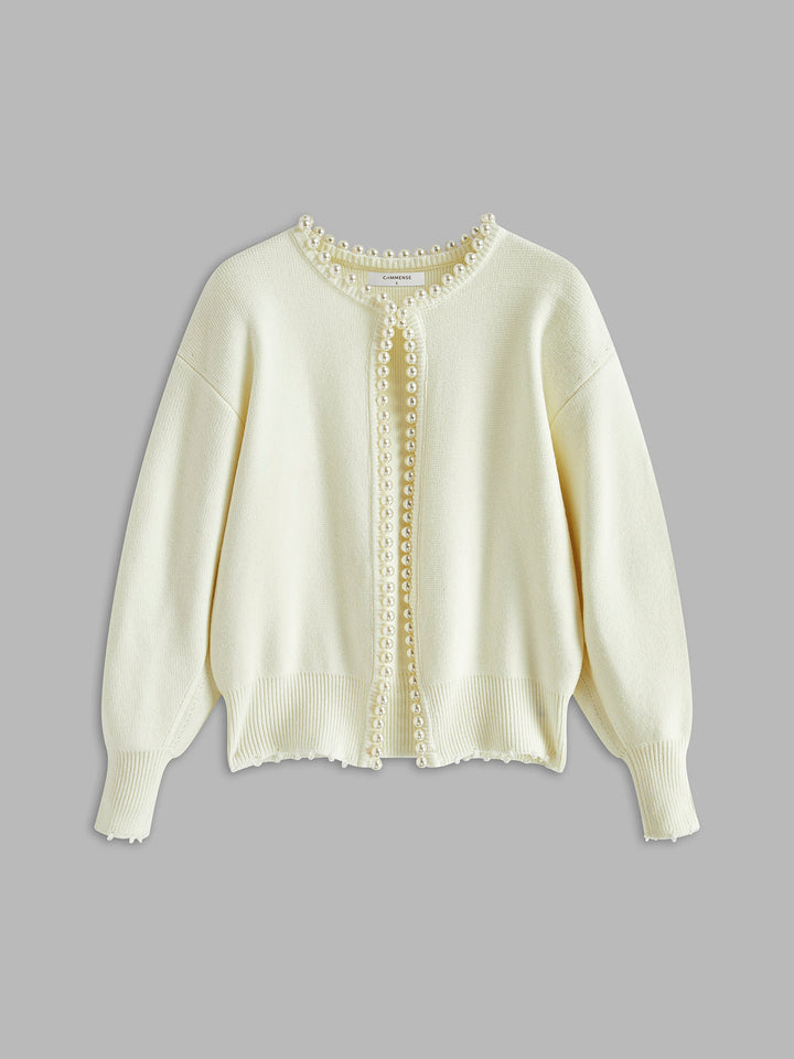 Pearl Trim Ripped Hem Cardigan - women's cardigan, full-length styled look