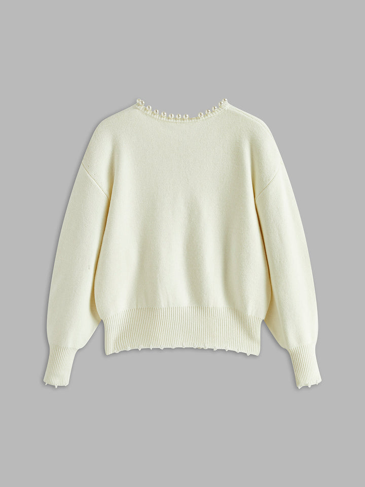 Pearl Trim Ripped Hem Cardigan - women's cardigan, fabric detail