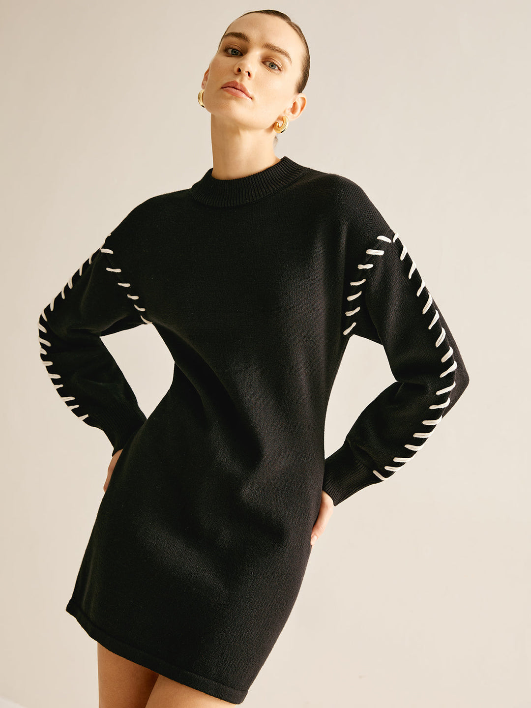 Contrast Trim Sweater Short Dress — women's sweater dresses, front view