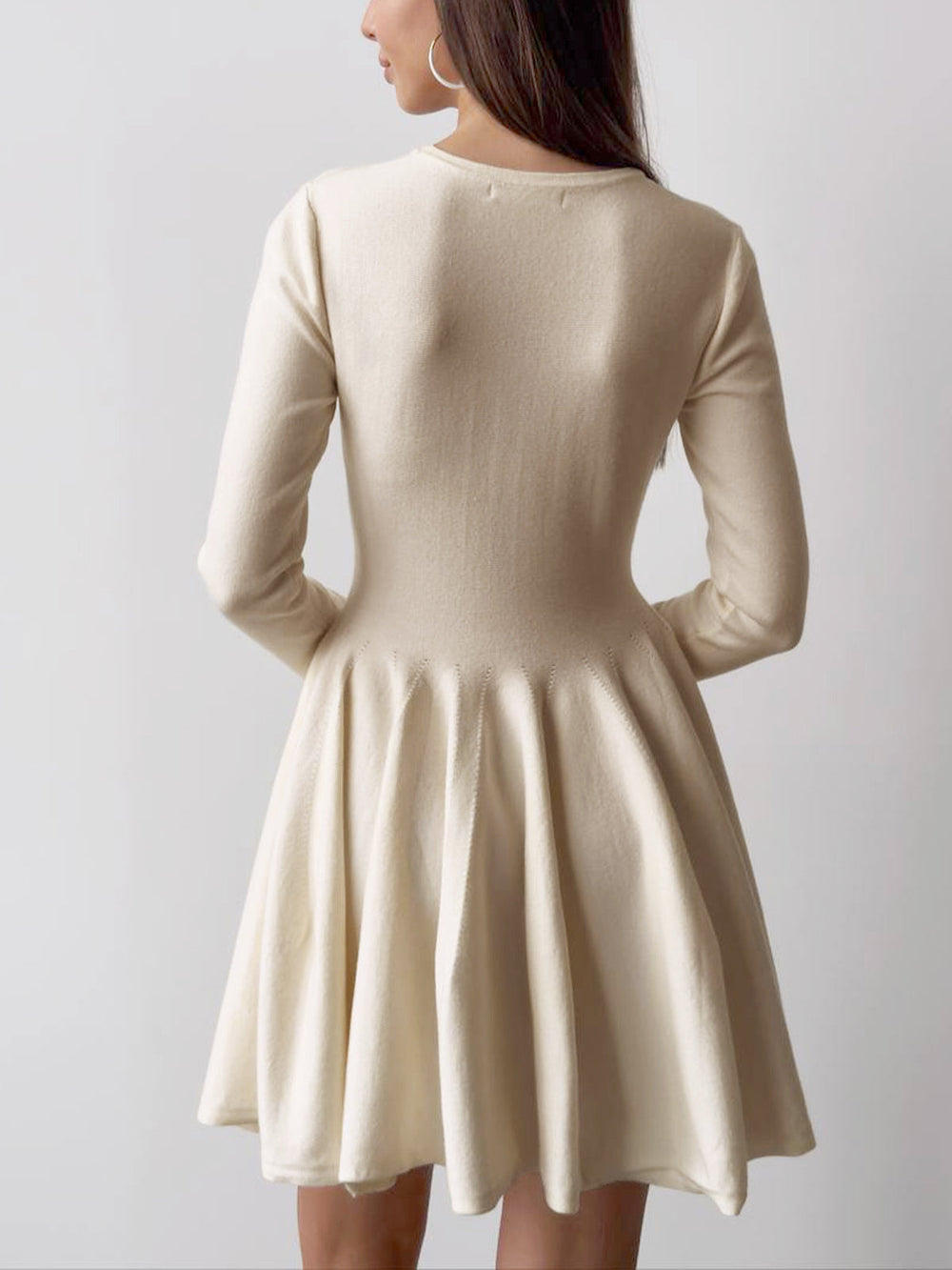 Plain Pleated Sweater Short Dress — women's sweater dresses, back view