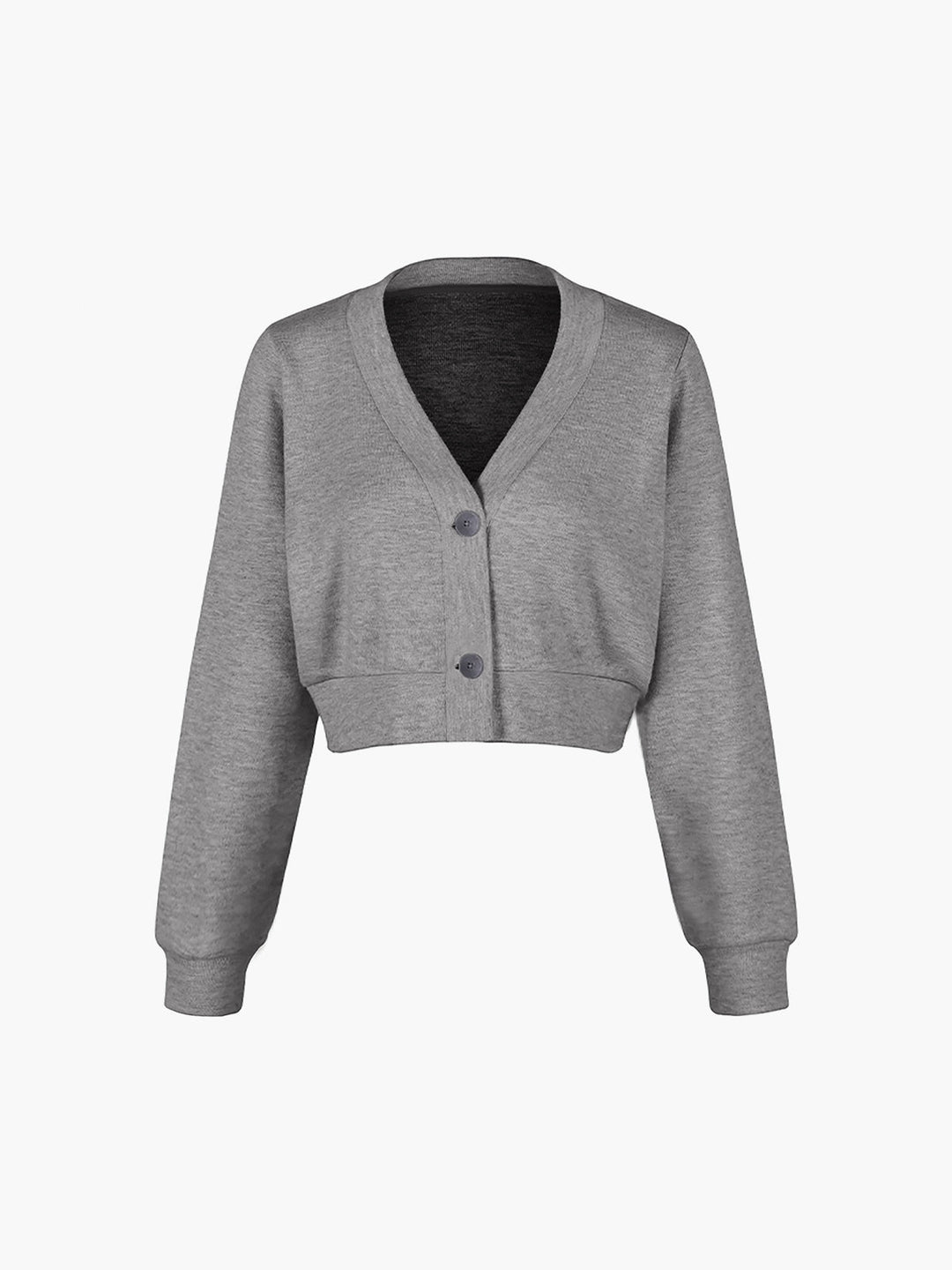 Flat product shot of grey marl cropped button jacket with long sleeves