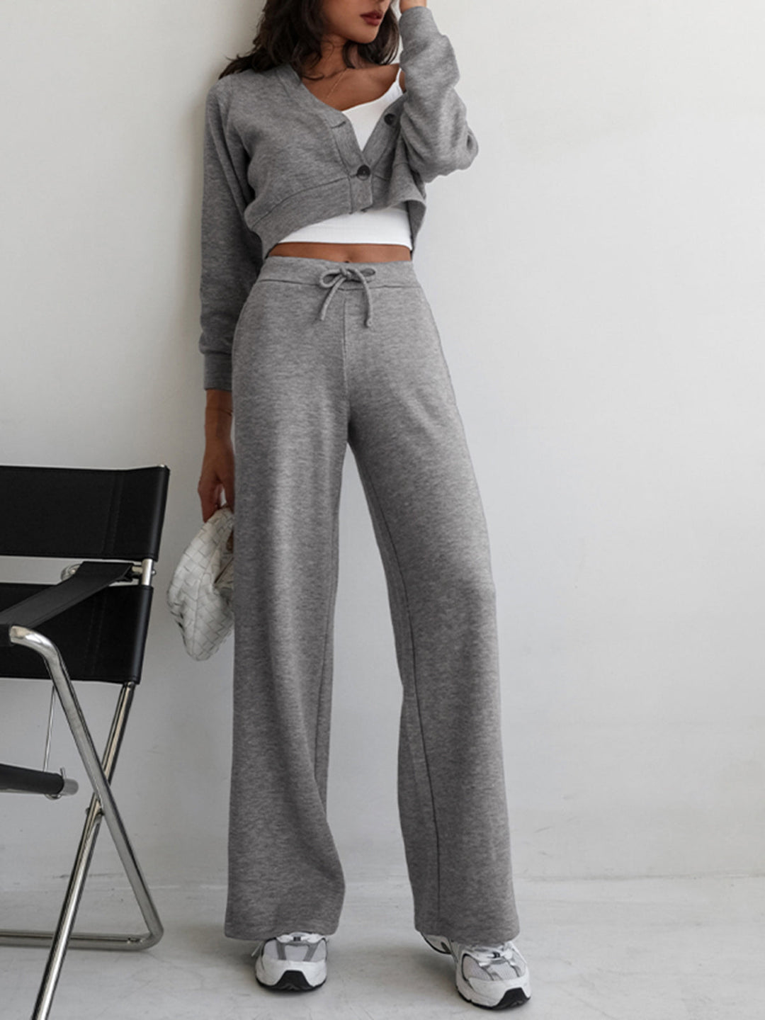 Full-length grey loungewear co-ord: cropped jacket with wide leg drawstring joggers