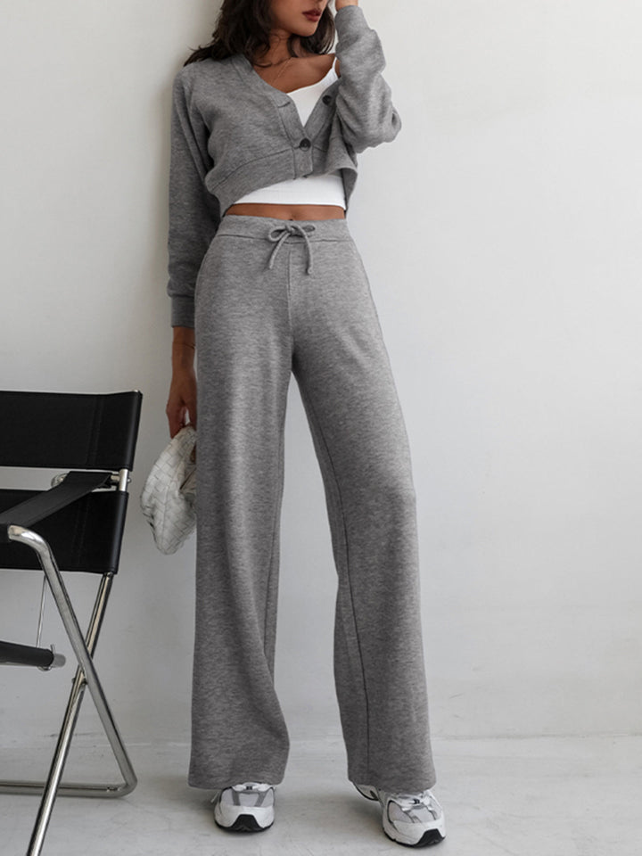 Full-length grey loungewear co-ord: cropped jacket with wide leg drawstring joggers