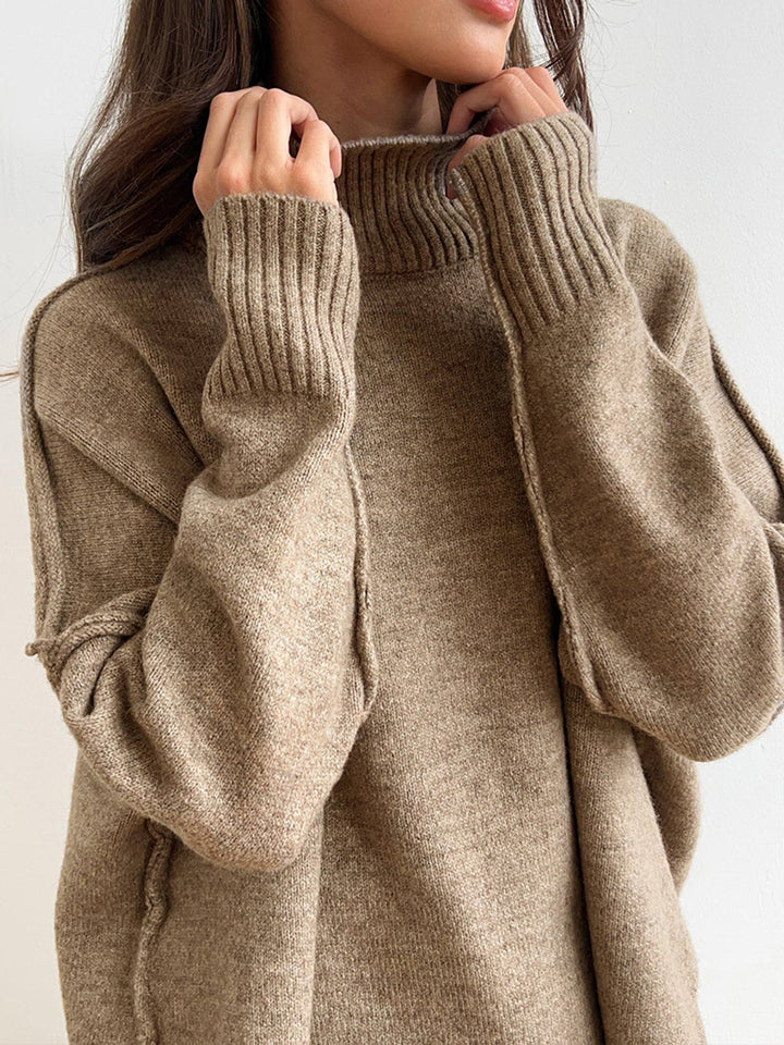 Plain Turtleneck Knit Pants Set - women's knit two-piece set, side view