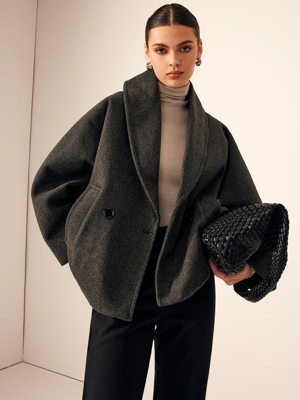 Tweed Pockets Loose Coat — women's wool coats, back view