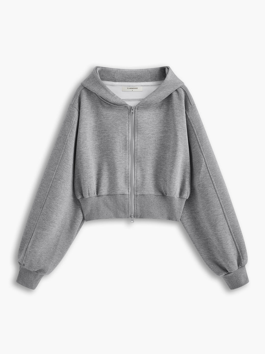 Front product view of grey cropped zip-up hoodie with ribbed hem and cuffs