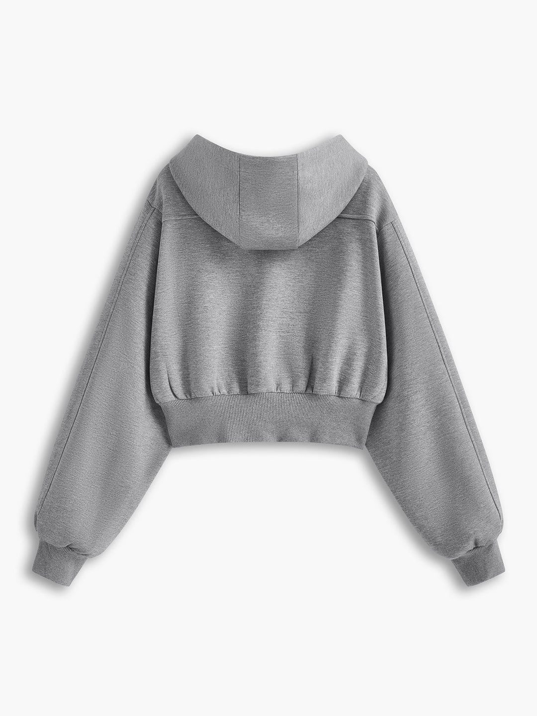 Back view of the short grey hoodie showing the panelled hood