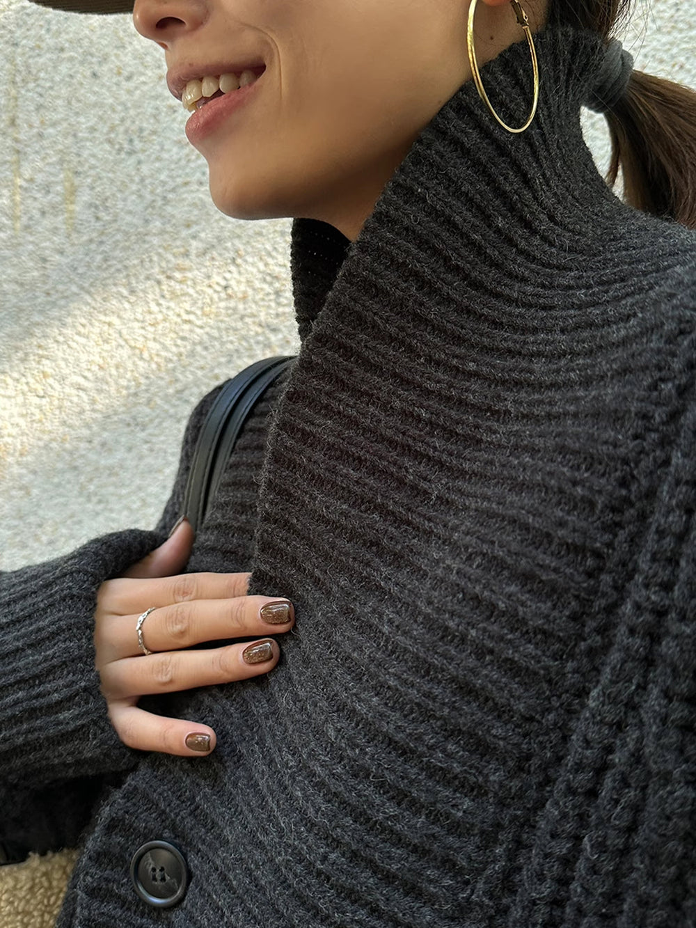 Ribbed Lapel Button Knit Outerwear — women's knit outerwear, back view