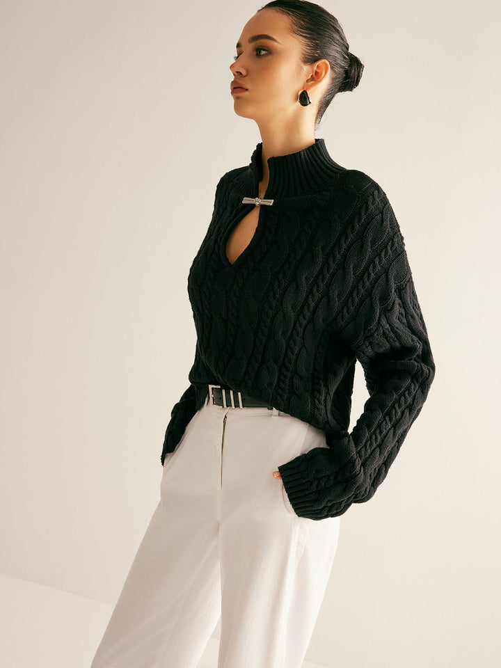 Cotton Keyhole Neckline Knit Top - women's knit top, neckline detail