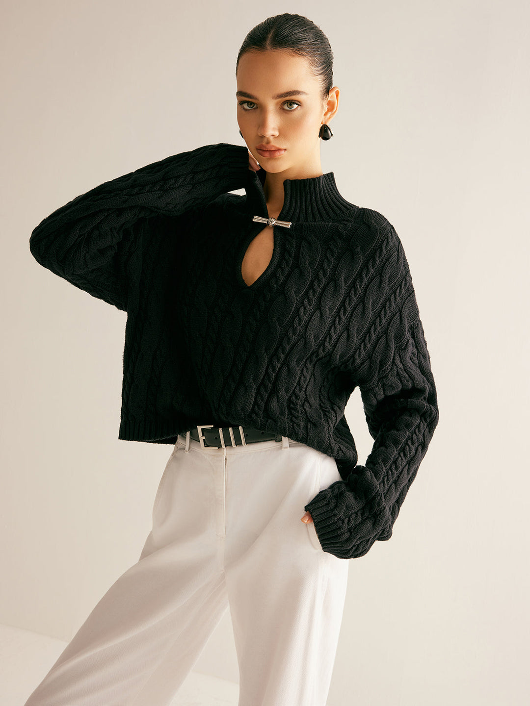 Cotton Keyhole Neckline Knit Top - women's knit top, sleeve detail