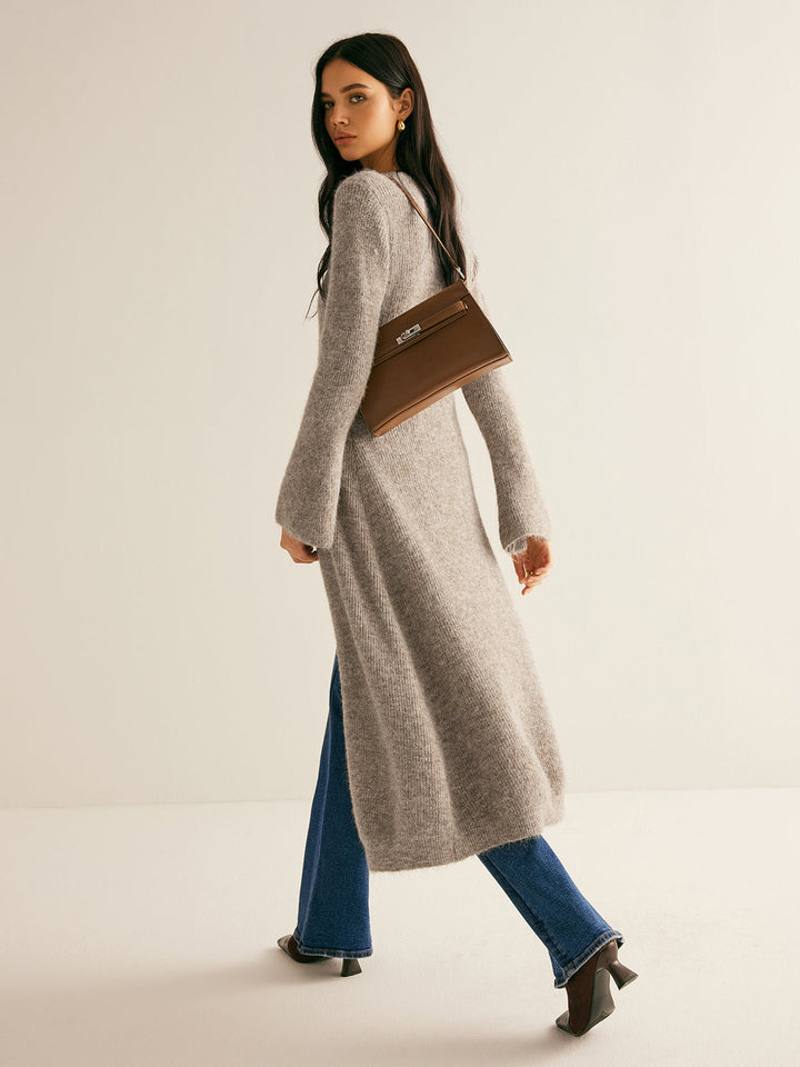 Stacking V-Neck Split Breasted Sweater Dress - women's sweater dress, back view