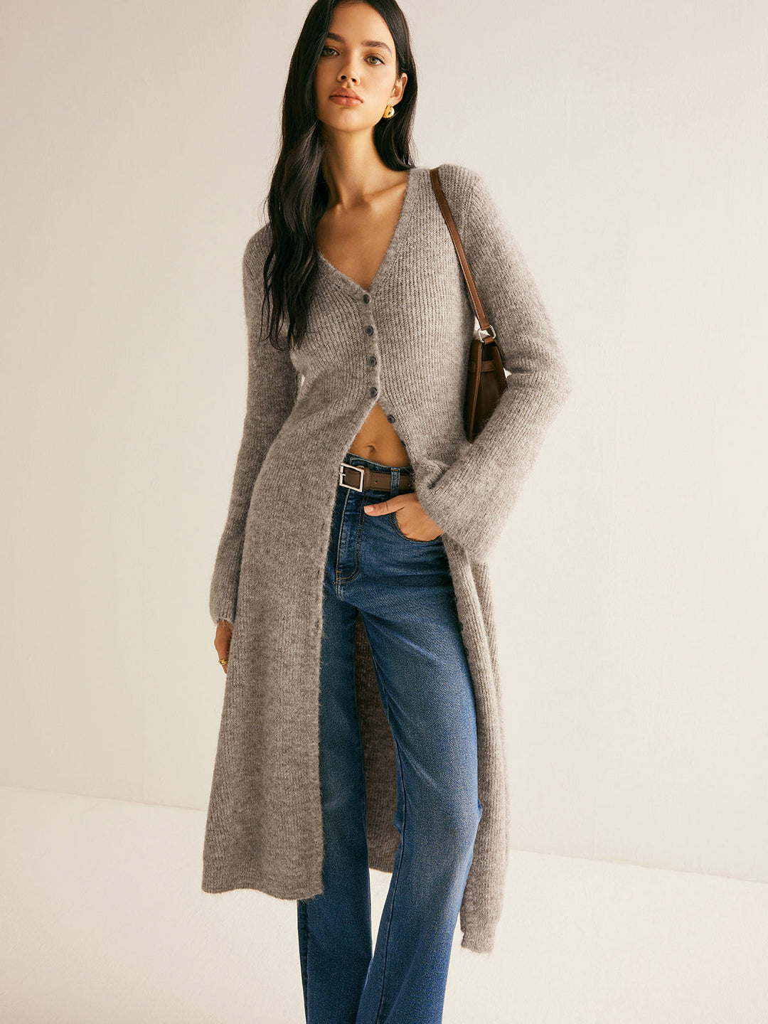 Stacking V-Neck Split Breasted Sweater Dress - women's sweater dress, full-length styled look