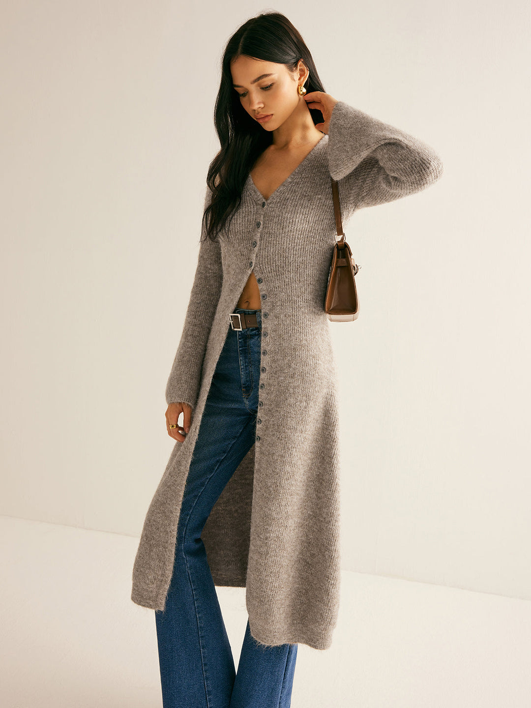 Stacking V-Neck Split Breasted Sweater Dress - women's sweater dress, fabric detail