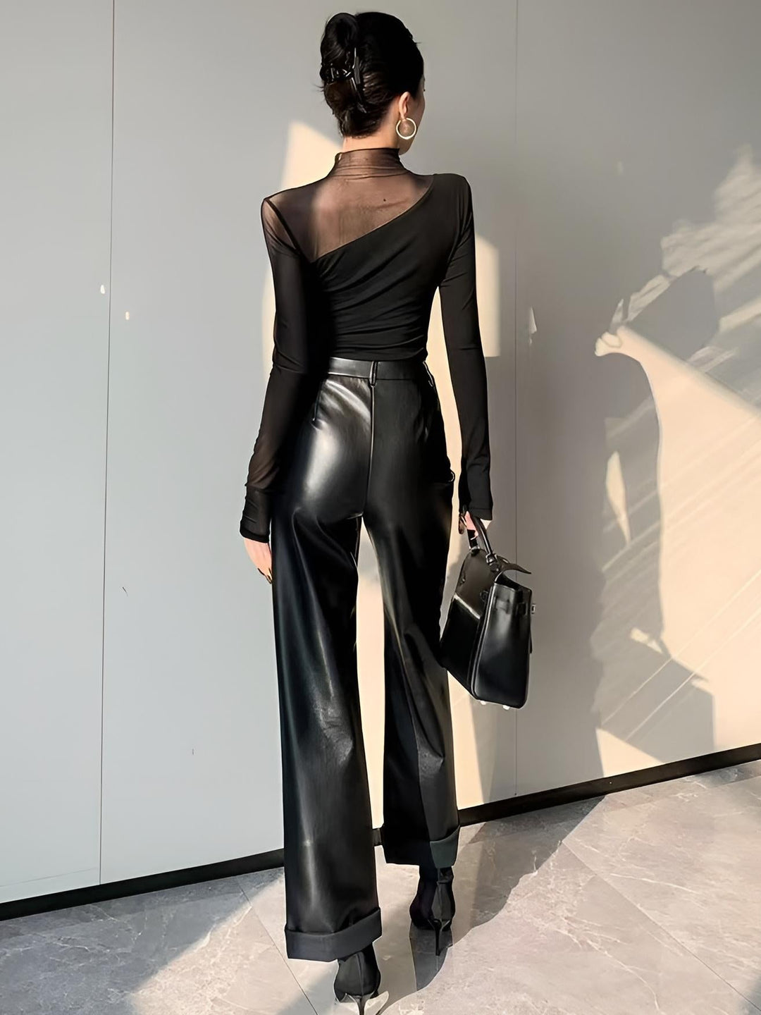 Asymmetrical Sheer Mesh Panel T-Shirt - women's top, full-length styled look