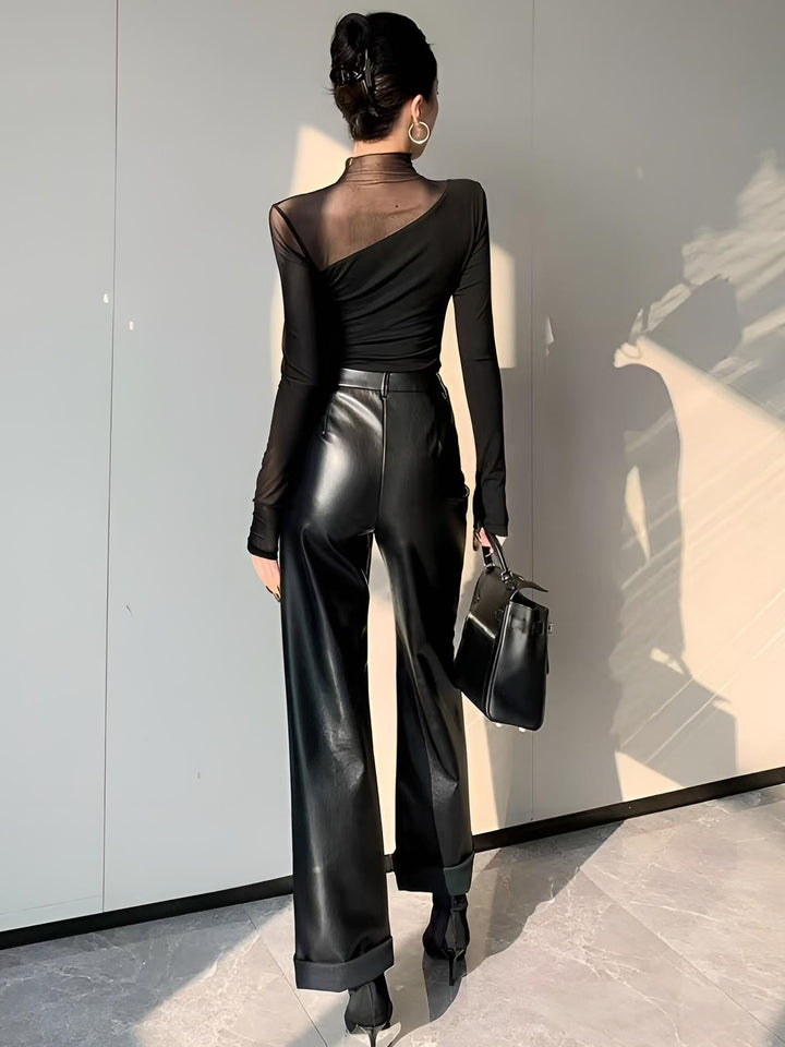 Asymmetrical Sheer Mesh Panel T-Shirt - women's top, full-length styled look
