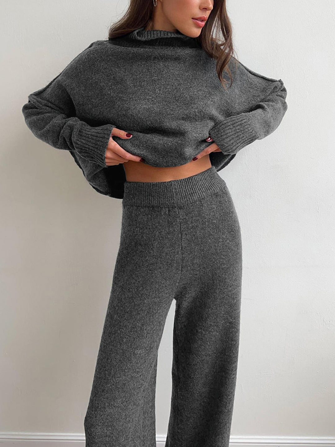 Plain Turtleneck Knit Pants Set - women's knit two-piece set, sleeve detail