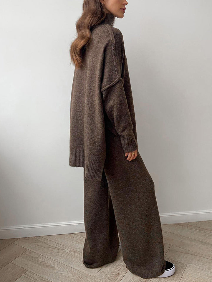 Plain Turtleneck Knit Pants Set - women's knit two-piece set, styled with denim