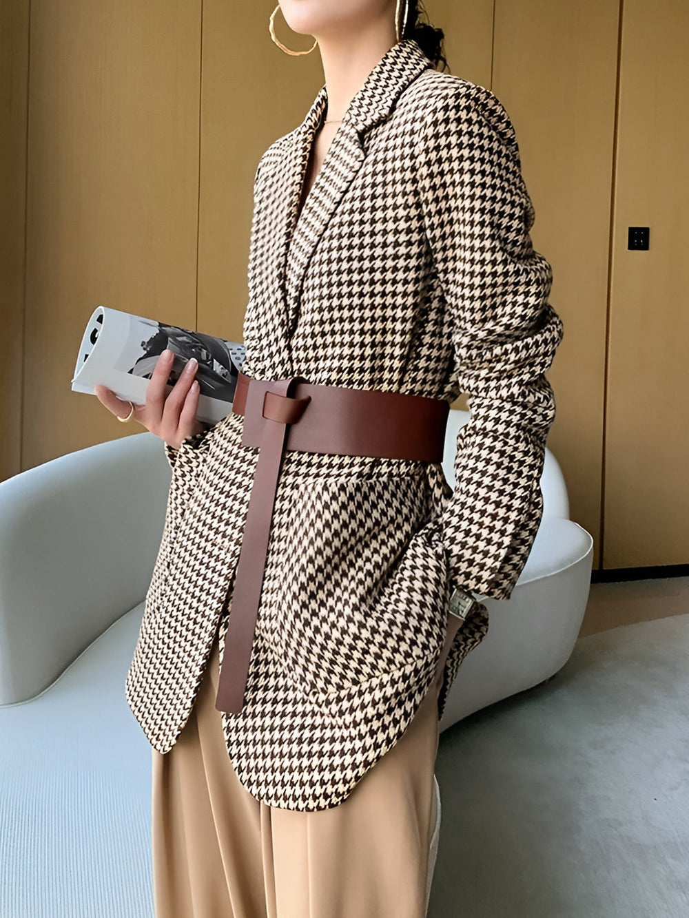 Houndstooth Split Blazer With Belt — women's blazers, back view