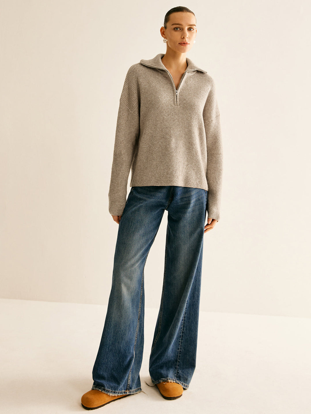 Wool-Blend Zipper Sweater Co-ords - women's knit two-piece set, full-length styled look