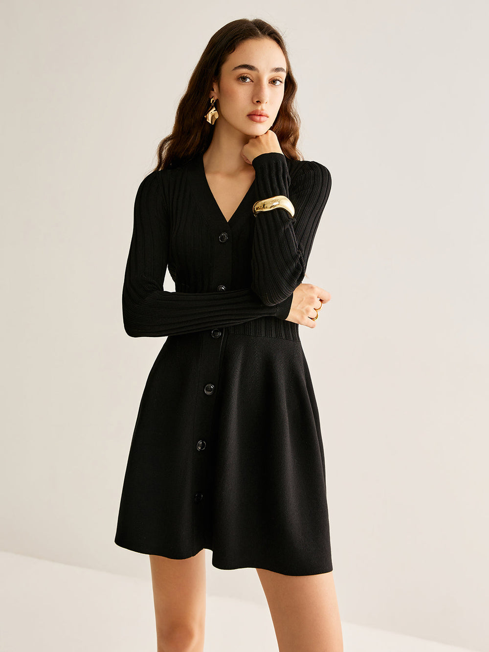 Breasted Flowy Sweater Short Dress — women's sweater dresses, back view
