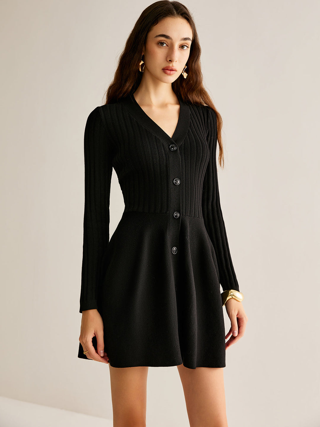 Breasted Flowy Sweater Short Dress — women's sweater dresses, front view