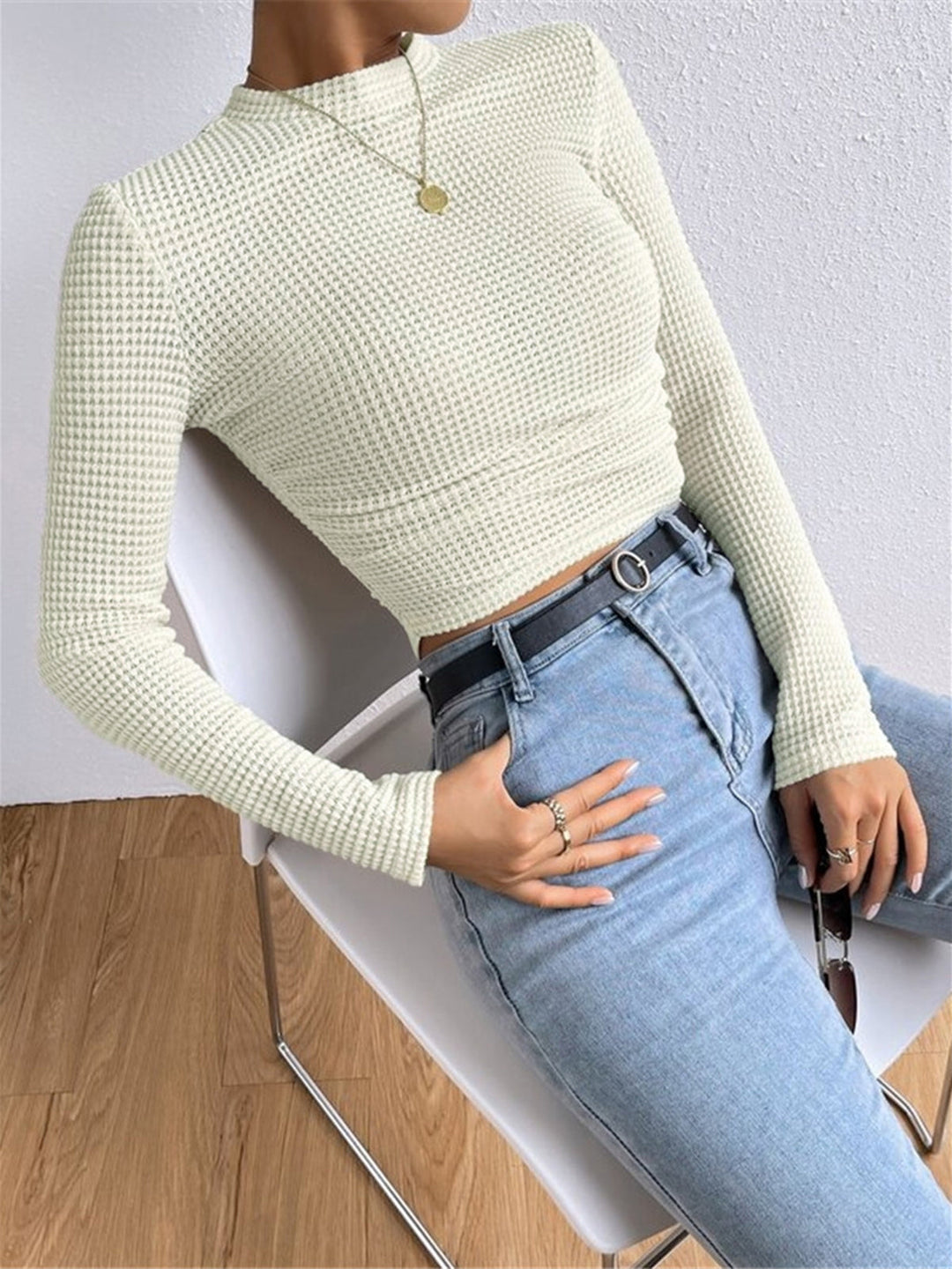Plain Waffle Slim Sweater - women's sweater, side view