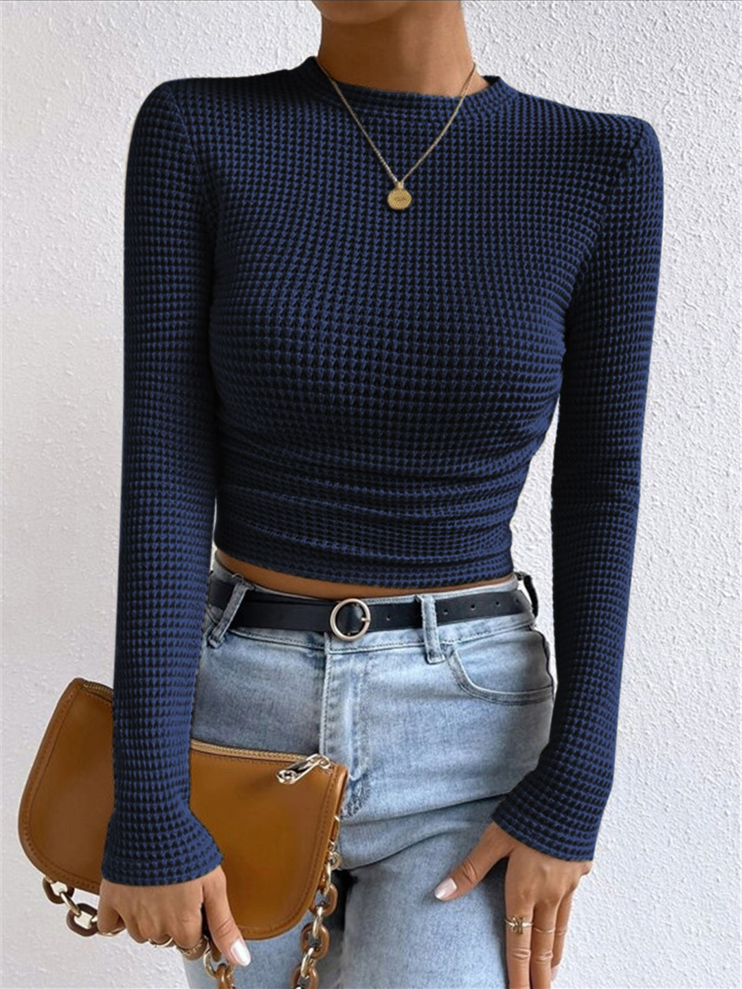 Plain Waffle Slim Sweater - women's sweater, sleeve detail