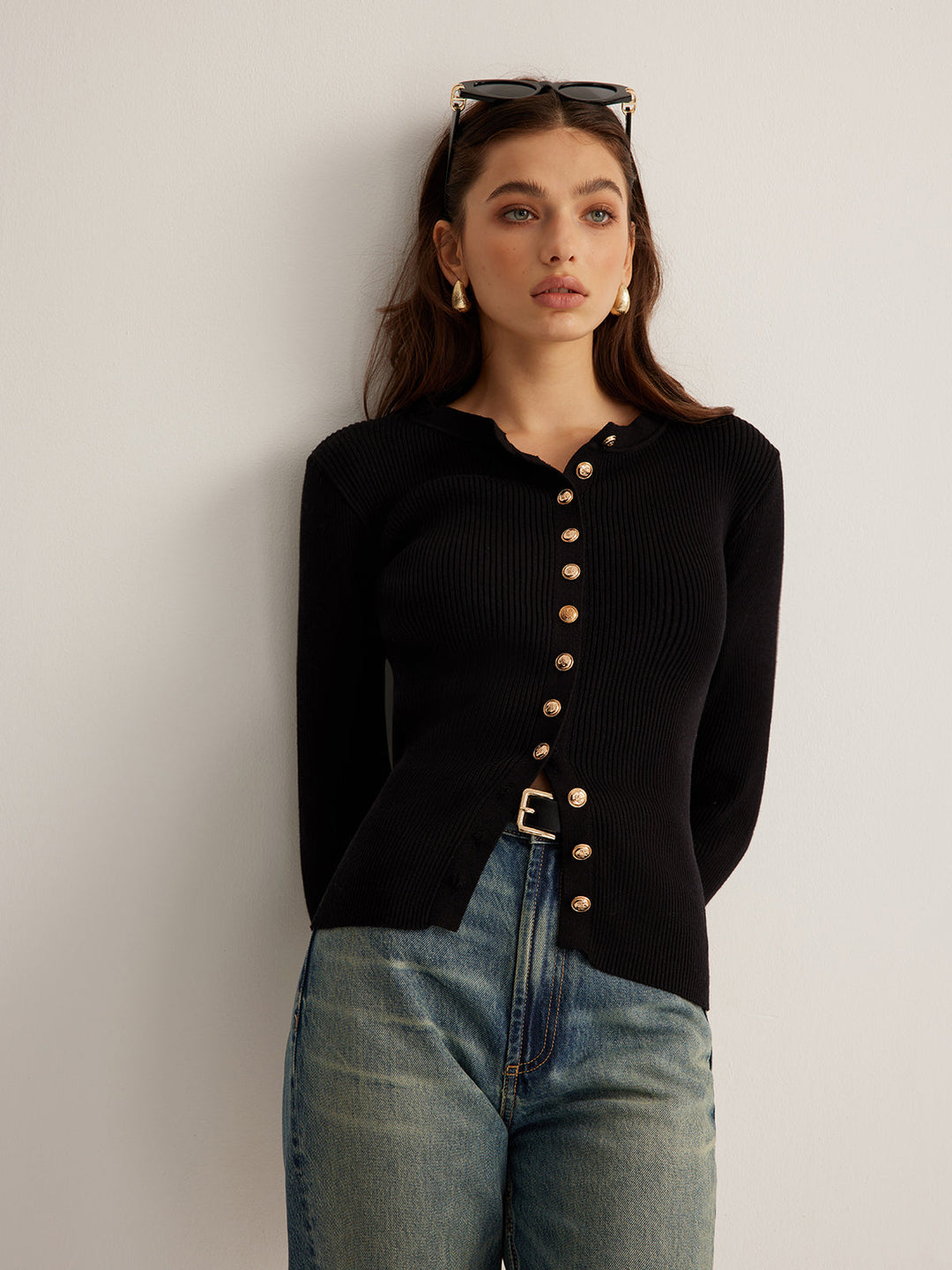 Button Down Skinny Knit Top - women's knit top, detail close-up