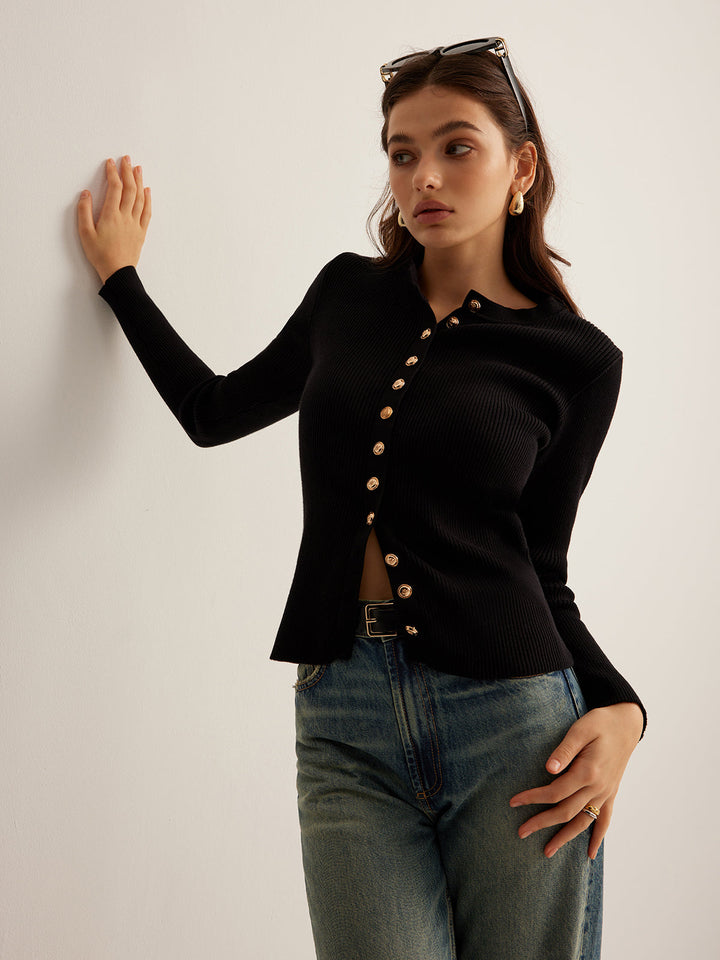 Button Down Skinny Knit Top - women's knit top, fabric detail