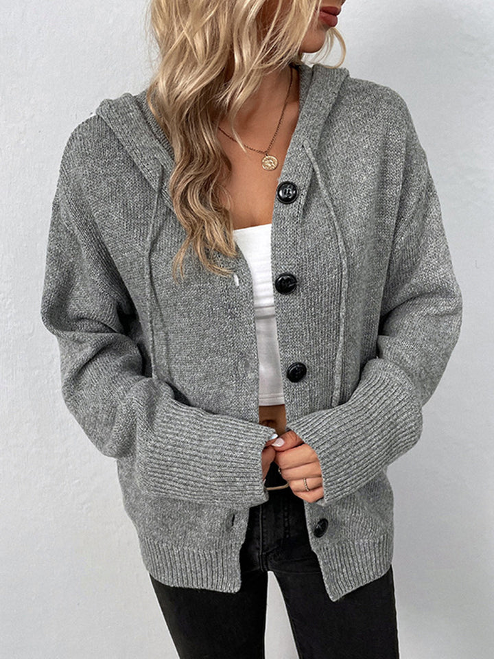 Button Drawstring Hooded Cardigan - women's cardigan, full-length styled look