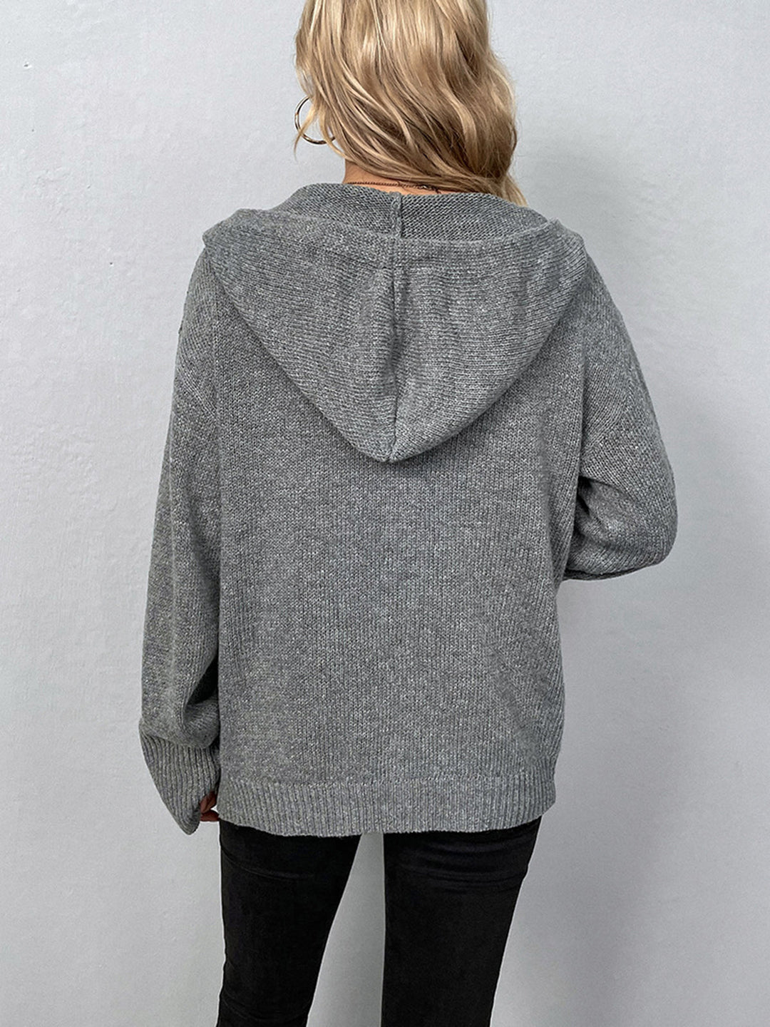 Button Drawstring Hooded Cardigan - women's cardigan, side view
